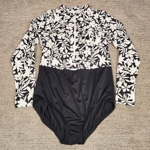 Lands' End One-Piece Rash Guard Swimsuit Womens 16 Black White Floral Zip Padded